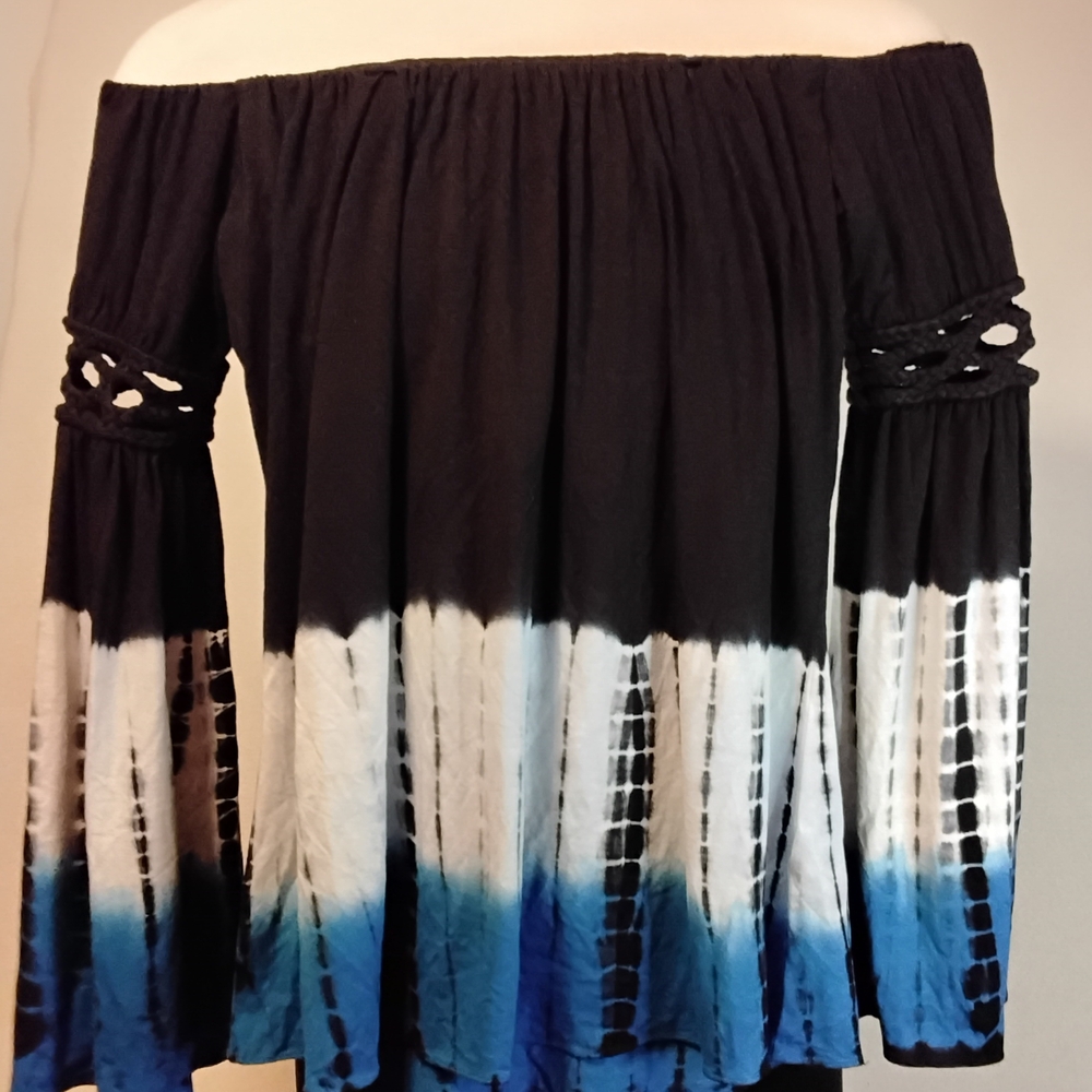 Sky Small Tye Dye Off-Shoulder Top Hippi Boho Bell Sleeve Peasant Festival